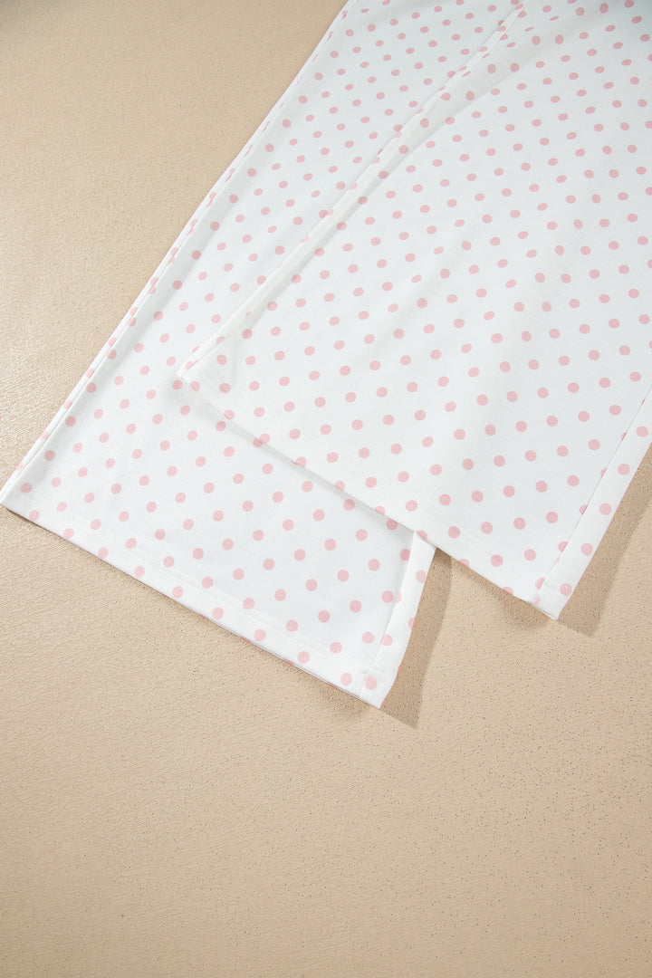 Pink Polka Dot Patchwork Colorblock Long Sleeve Casual Two Piece Pants Set