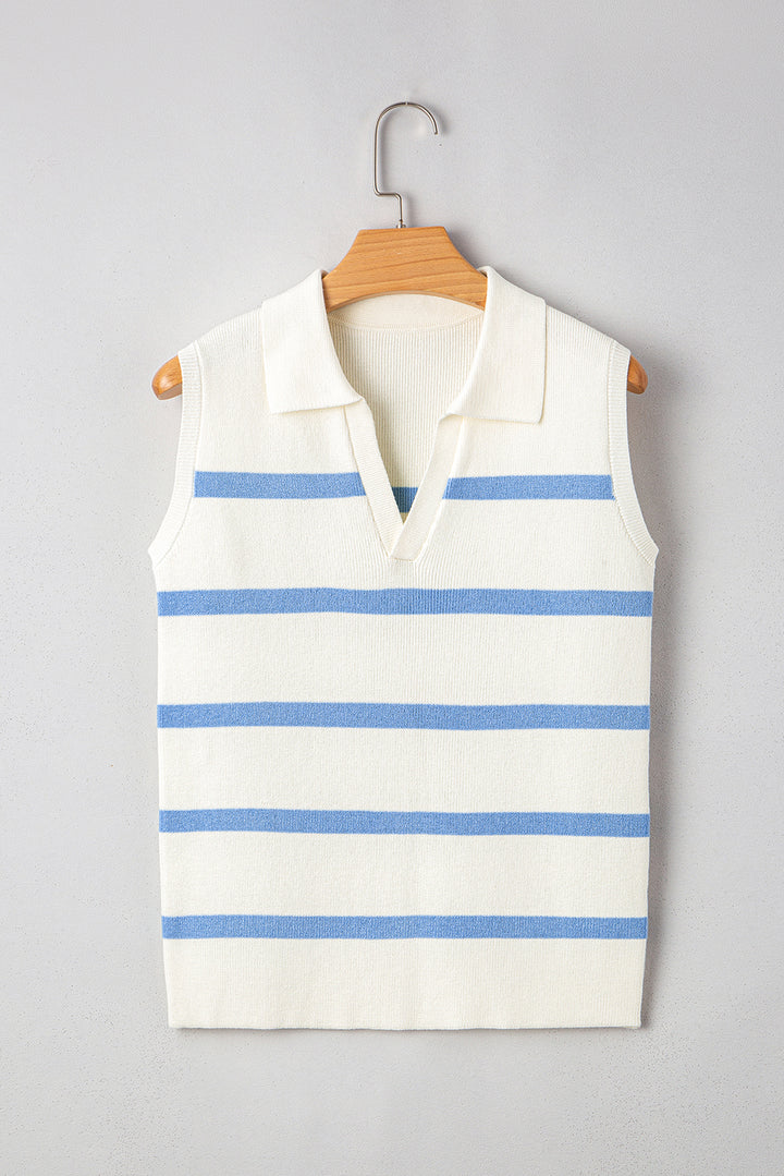 Split V Neck Collared Ribbed Sweater Vest