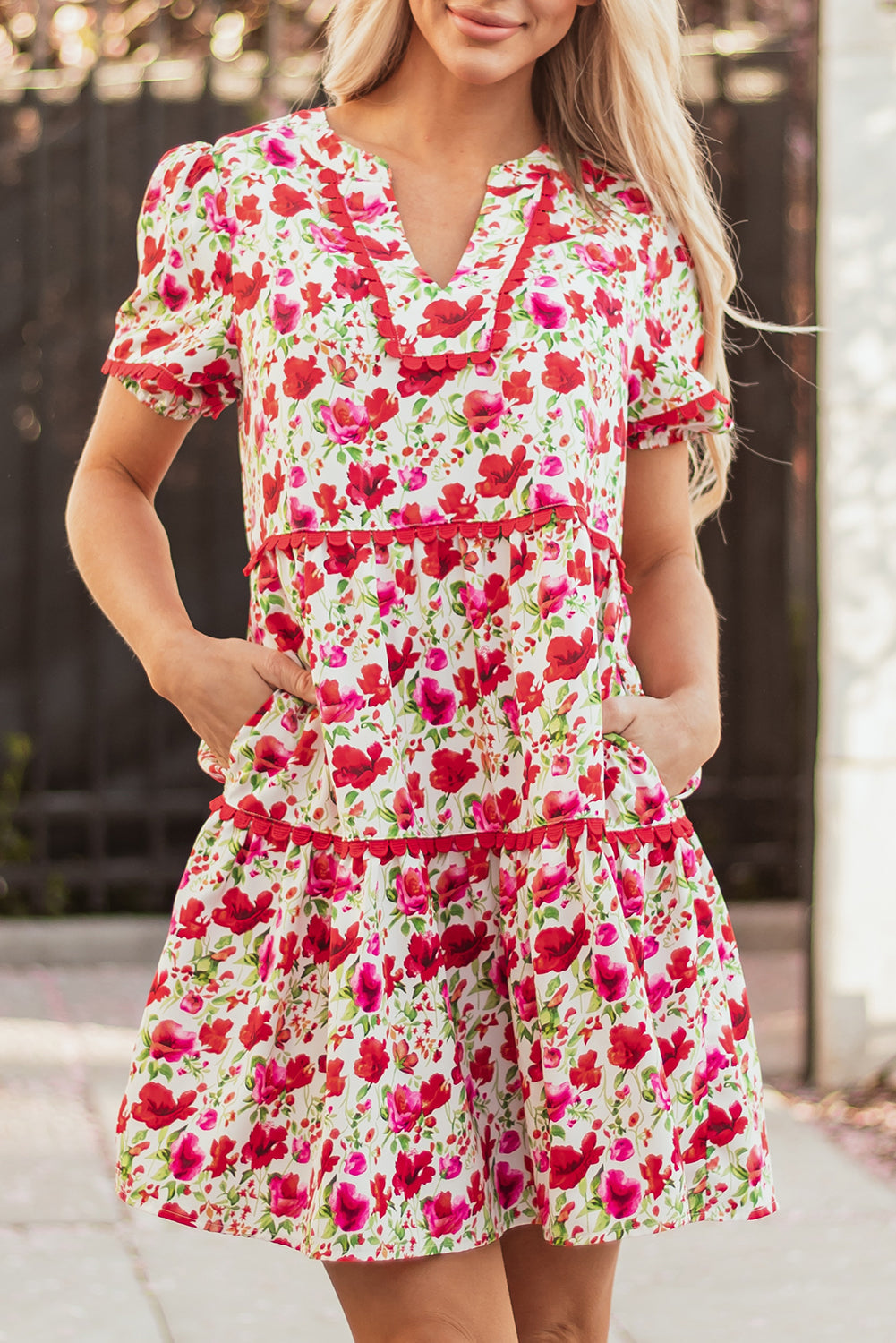 floral puff sleeve tiered ric rac pocketed mini dress