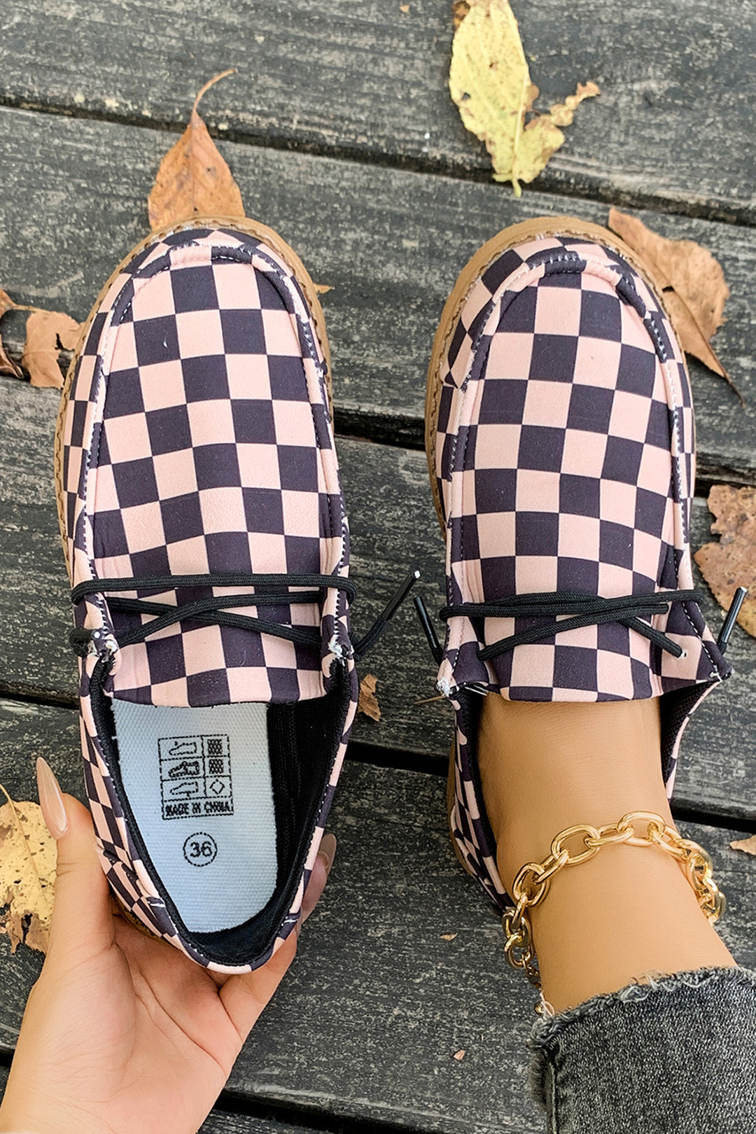 Checkered Print PU Leather Lace Up Detail Flat Shoes