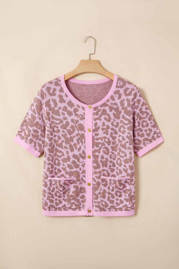 Pink Leopard Button Down Short Sleeve Sweater Cardigan