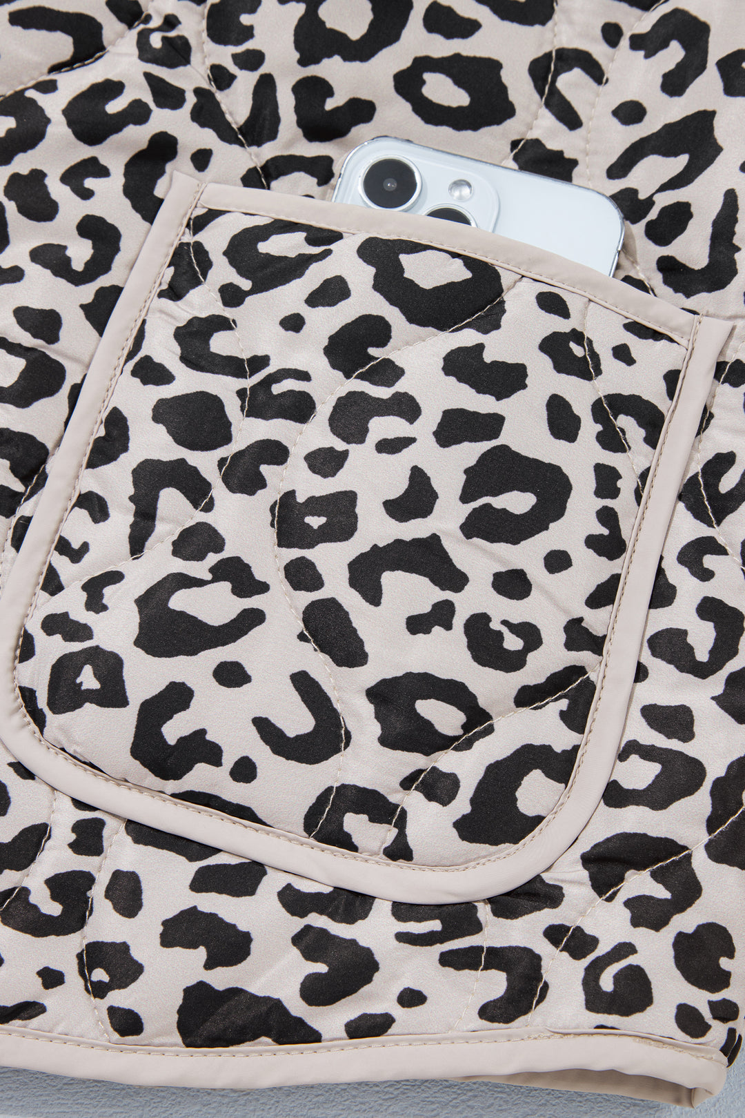 Khaki Leopard Print Patch Pockets Binding Tape Long Sleeve Regular Fit Jacket
