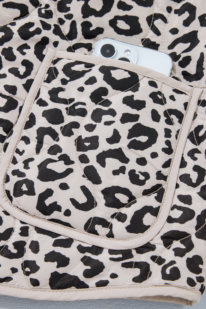 Khaki Leopard Print Patch Pockets Binding Tape Long Sleeve Regular Fit Jacket