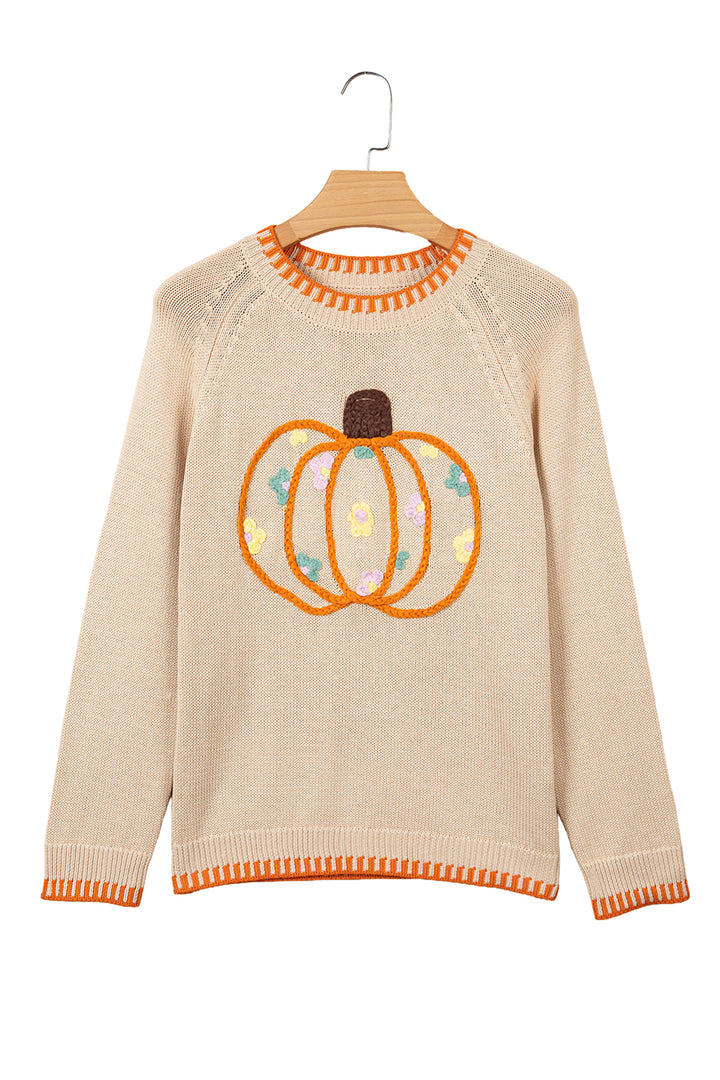 Parchment Floral Embroidery Pumpkin Long Sleeve Round Neck Sweater