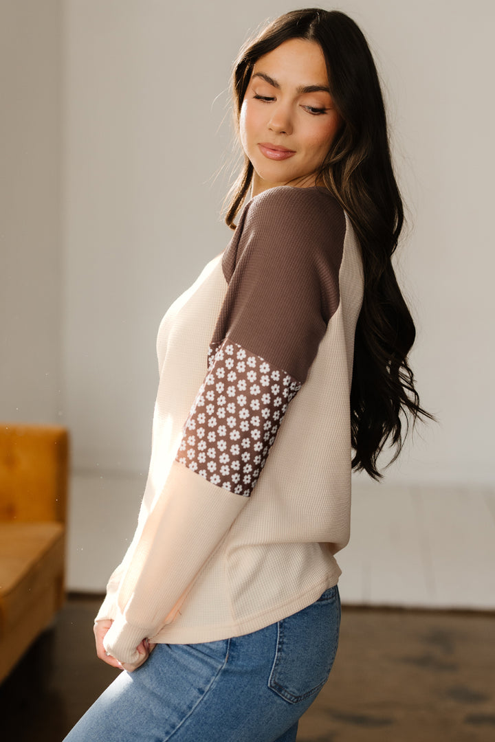 Floral Print Patchwork Color Block Long Sleeve Top