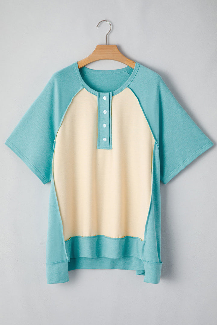 Color Block Raglan Sleeve Buttoned Plus Size T Shirt