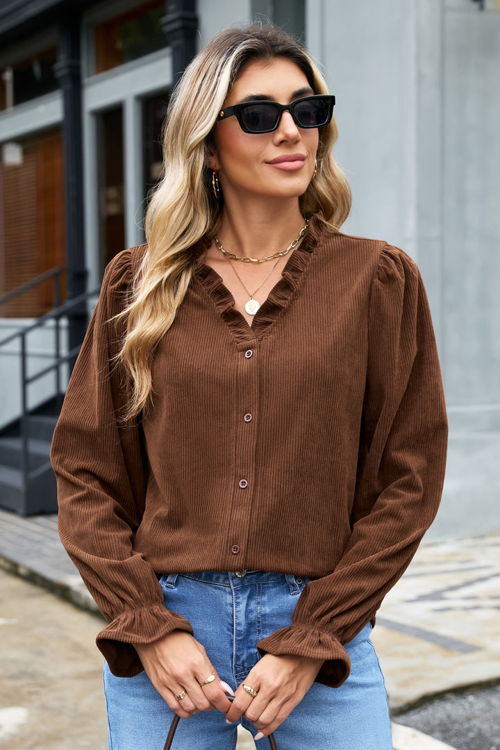 Coffee Solid Color Long Sleeve Button Corduroy Shakcet