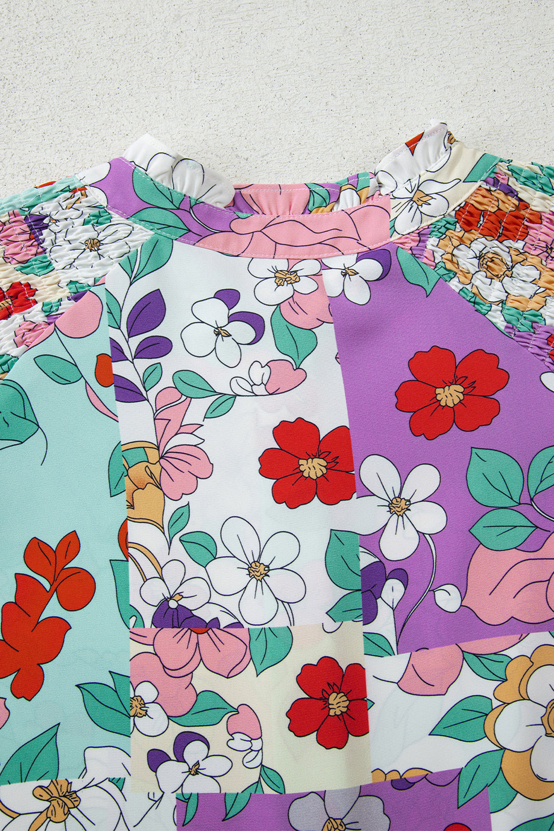 Pink Floral Print Patchwork Frilly Neckline Long Sleeve Shirt