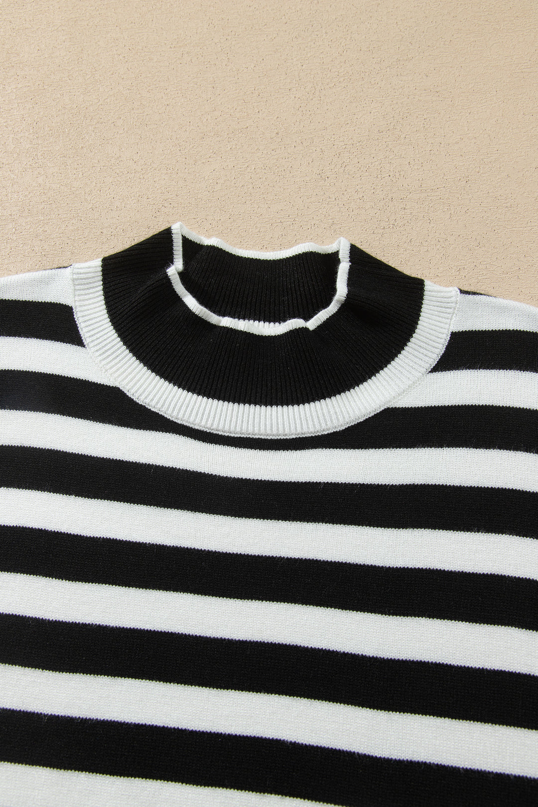 Black Striped High Neck Contrast Ruffle Detail Casual Sweater