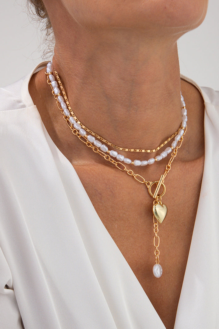Plated Heart Charm Pearl Chain Layered Necklace