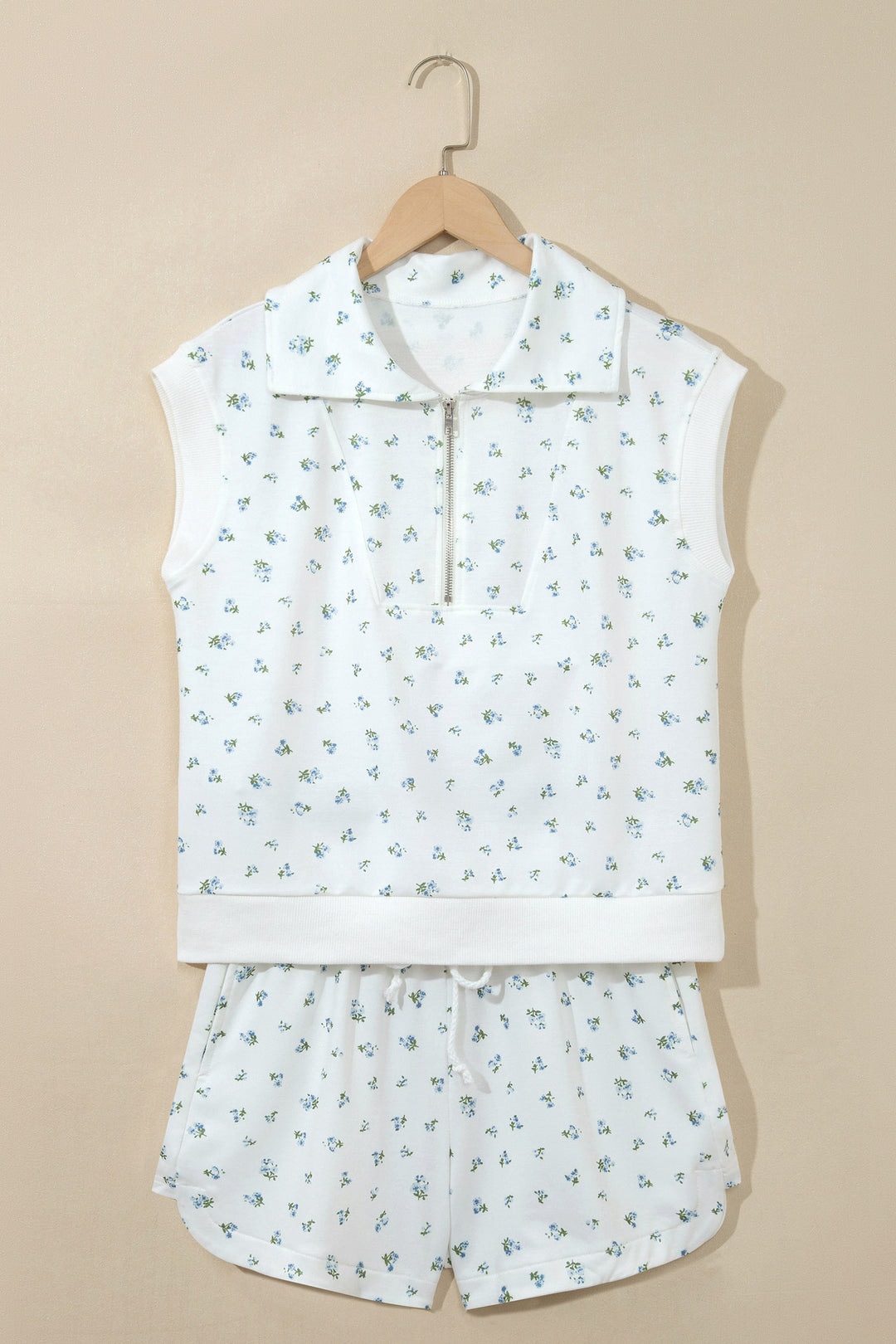 White Floral Print Half Zip Top Matching Short Set