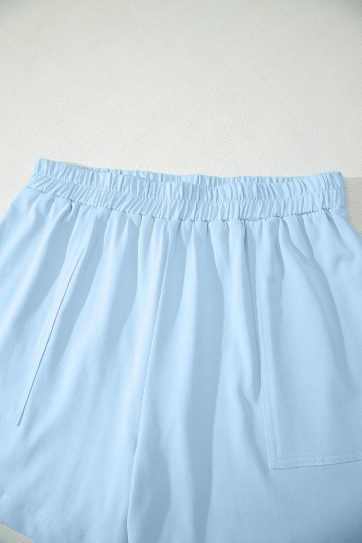 Mist Blue Stitched Detail Loose Tank Top 2pcs Short Set