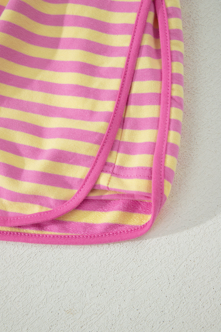 Pink Stripe Relaxed Short Sleeve Top Elastic Waist Drawstring Skort 2pcs Set
