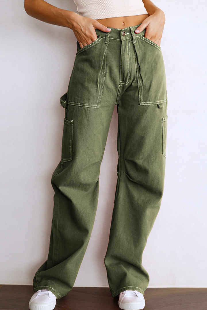 Green High Waist Straight Leg Cargo Pants with Pockets