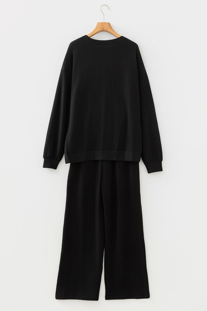 Black MERRY Corded Long Sleeve Top and Pockets Pants Set