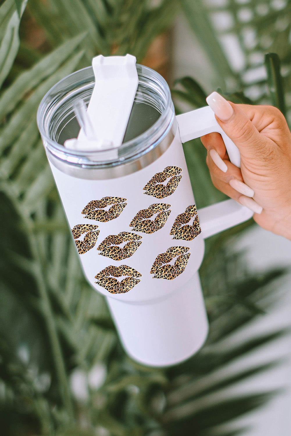 Valentine Leopard Lips Print Thermos Cup with Straw 40oz