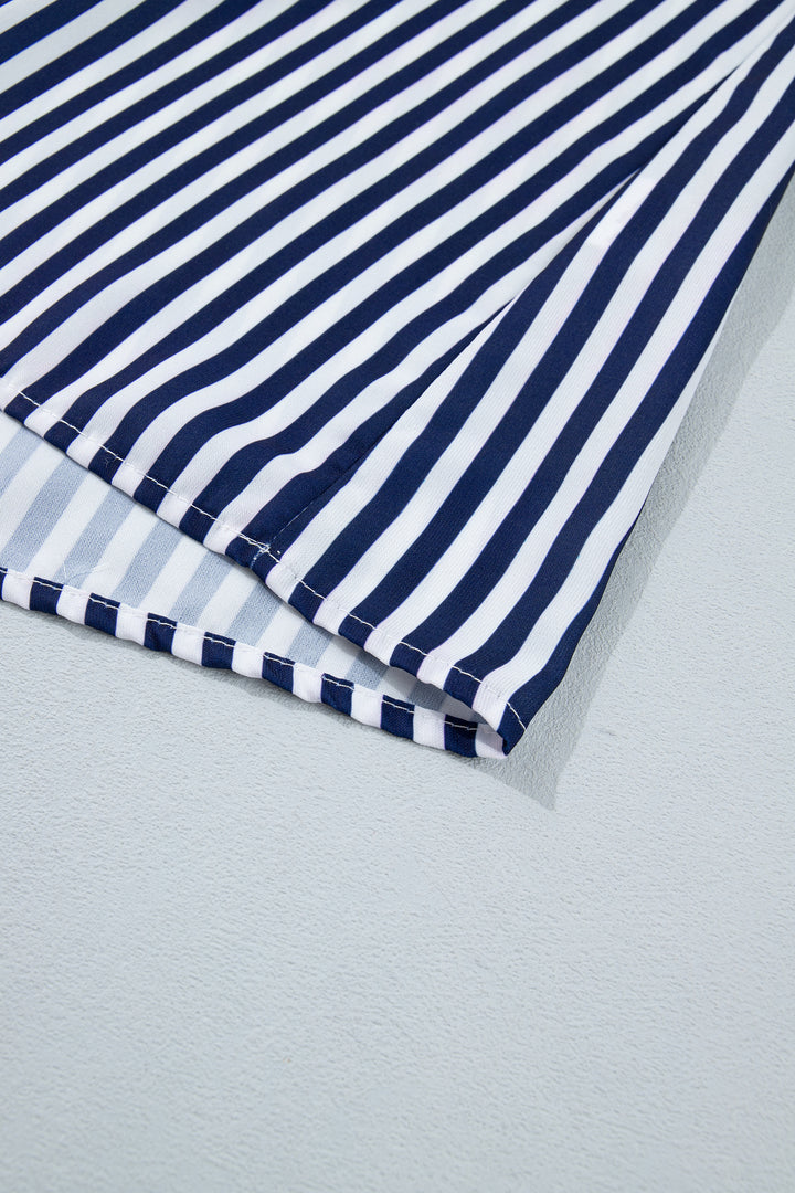 Blue Stripe V Neck Lace Contrast Ruffle Trim Tank Top