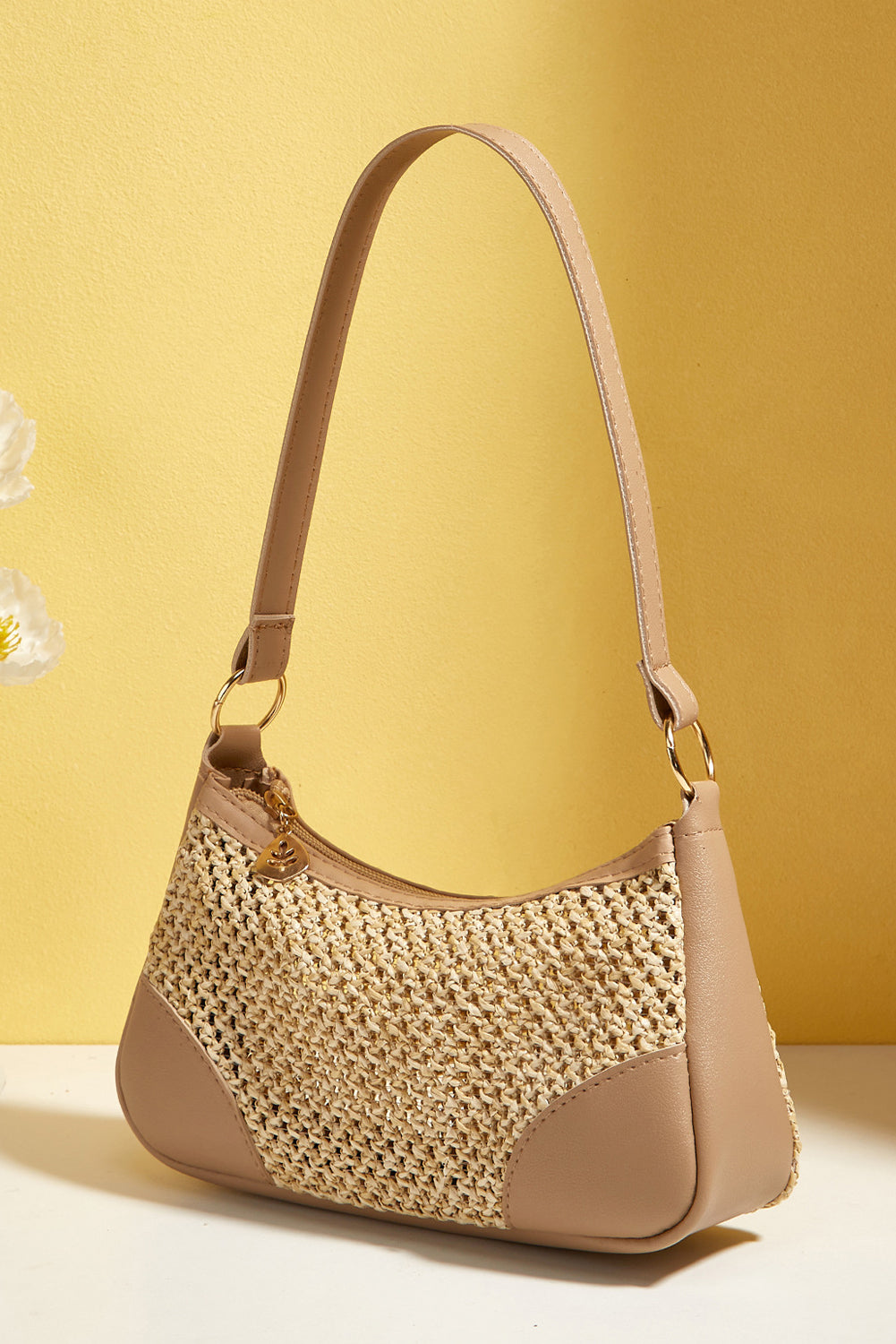 Straw Woven PU Leather Patchwork Shoulder Bag