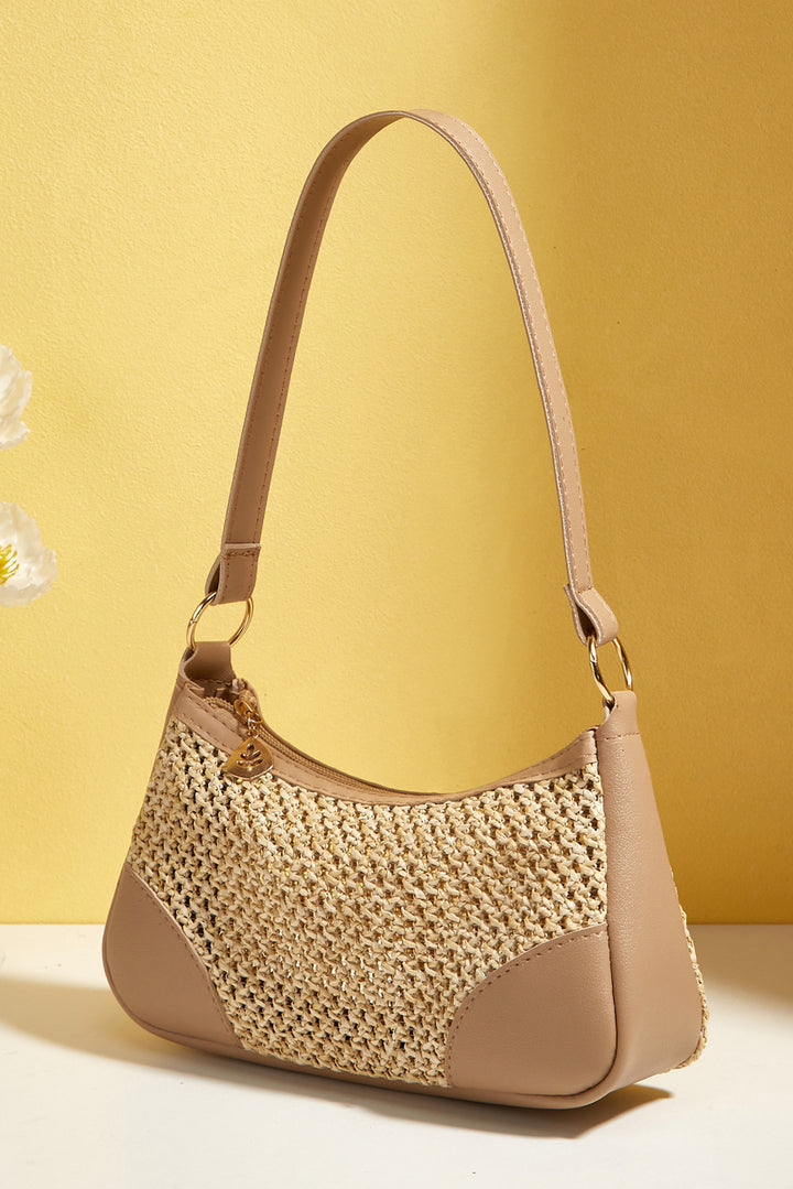 Straw Woven PU Leather Patchwork Shoulder Bag