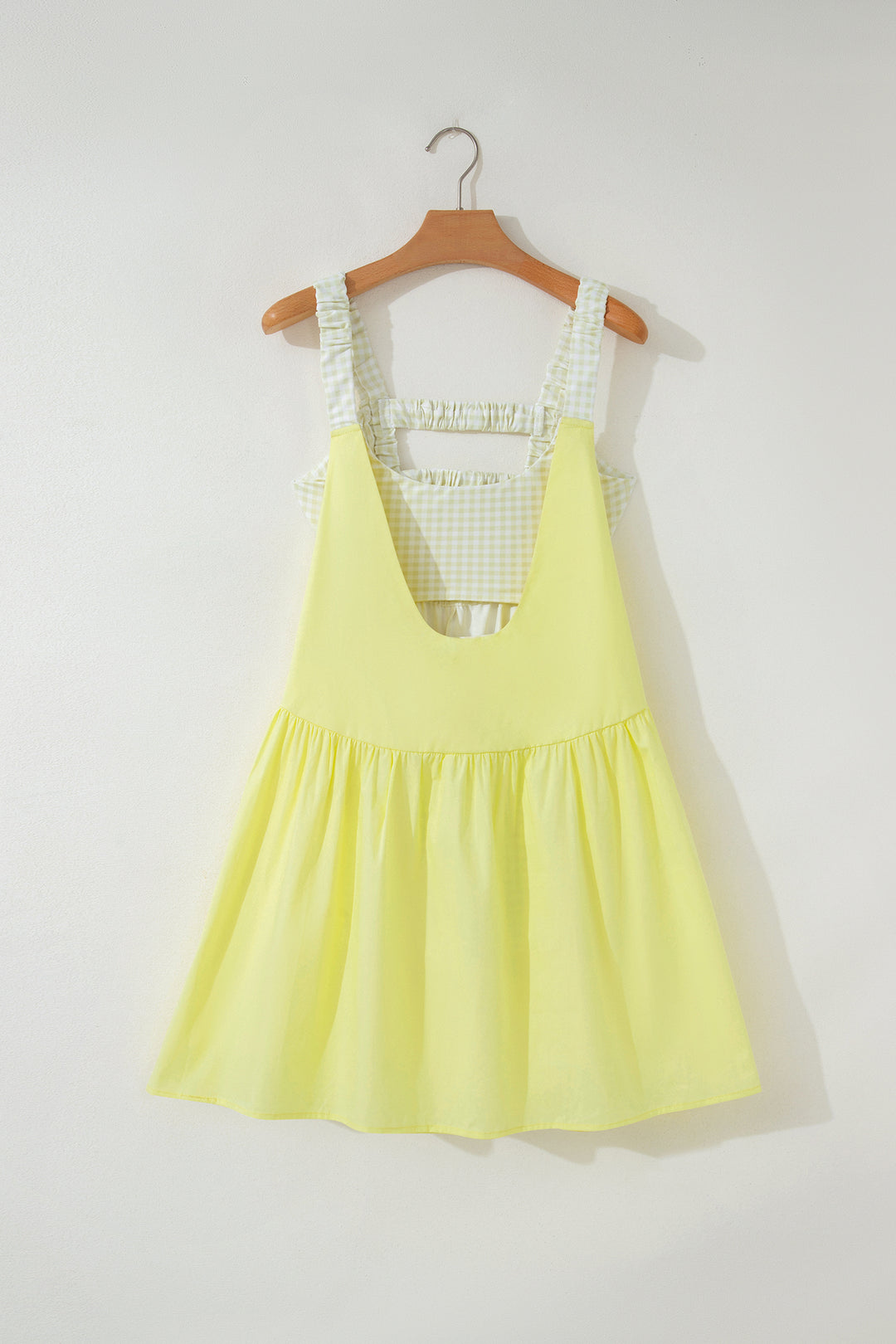 Cute Yellow Cream Faux Two Piece Gingham Contrast Loose Mini Dress