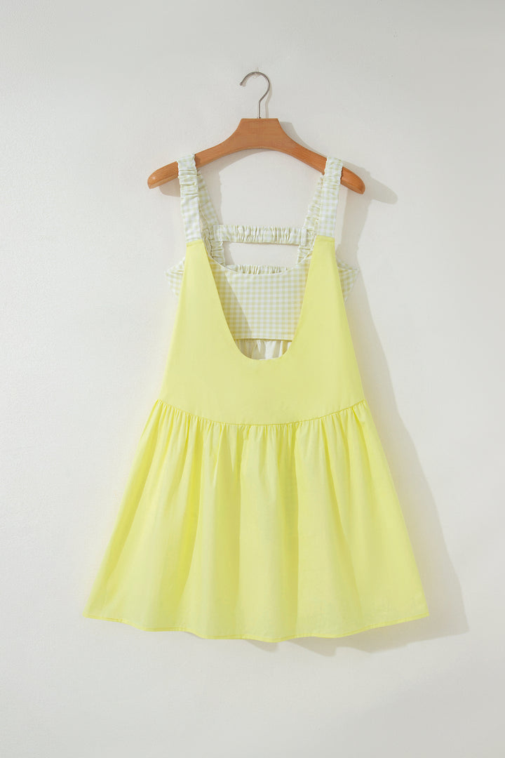 Cute Yellow Cream Faux Two Piece Gingham Contrast Loose Mini Dress