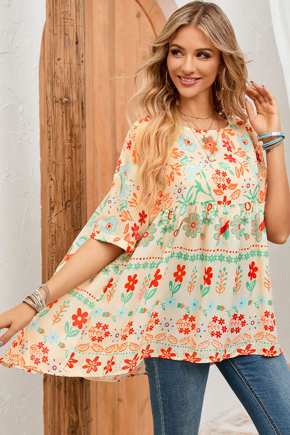 Apricot Ethnic Floral Print Rolled Sleeve Babydoll Top