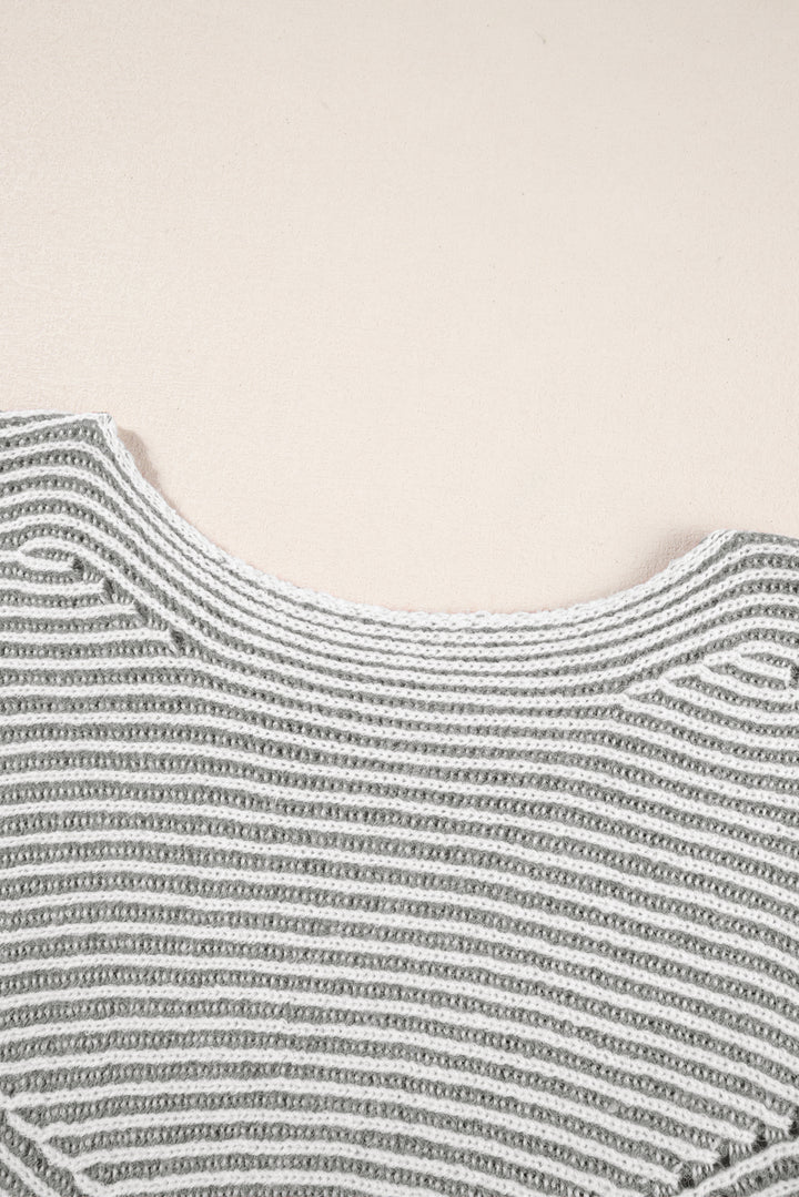 Striped Print Ribbed Knit Boat Neck Baggy Sweater