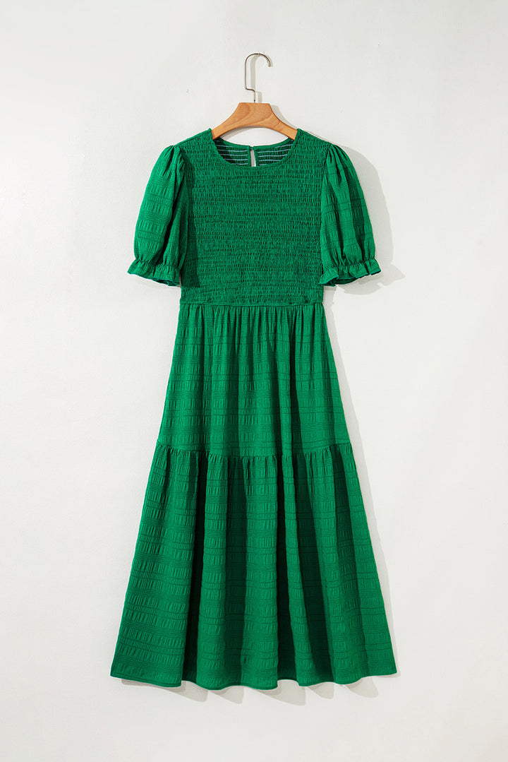 Dark Green Textured Smocked Puff Short Sleeve High Waist Long Dress