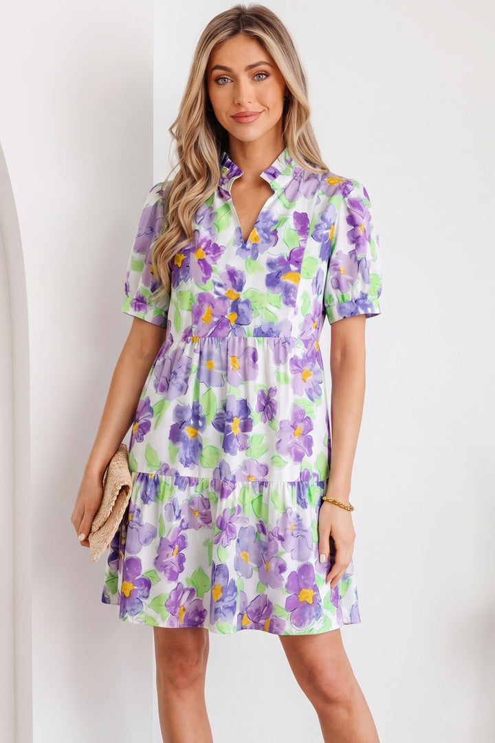 Purple Floral V Collar Short Sleeve Tiered Ruffle Mini Dress