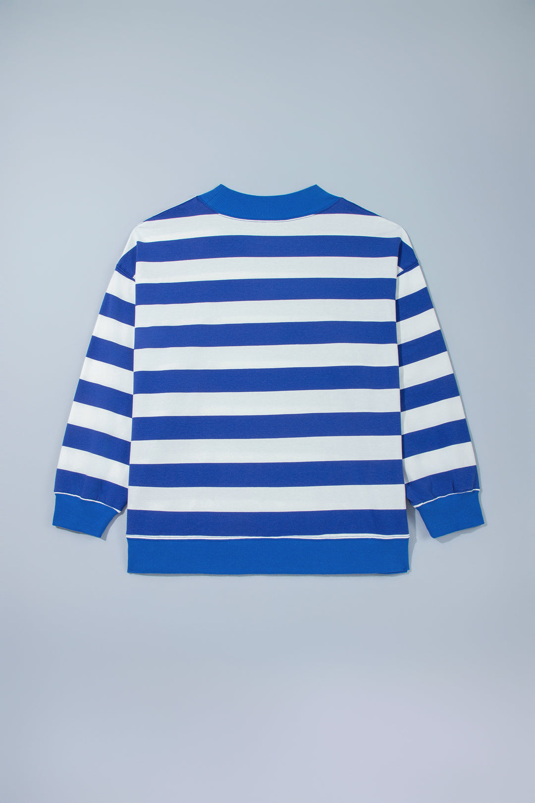 Blue Stripe Ribbed Trim Stand Neck Dropped Shoulder Plus Size Sweatshirt