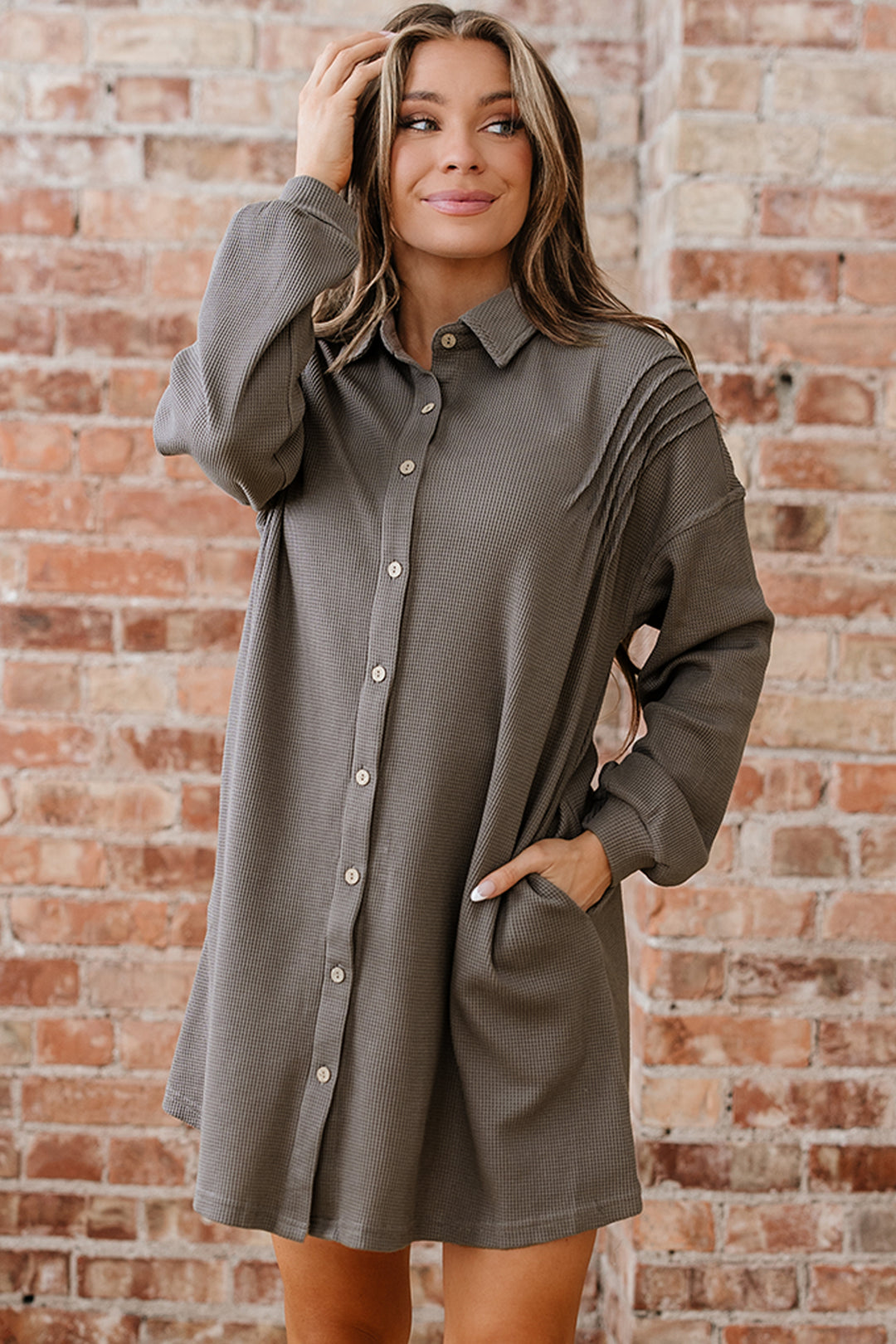 Waffle Knit Shirt Tunic Dress