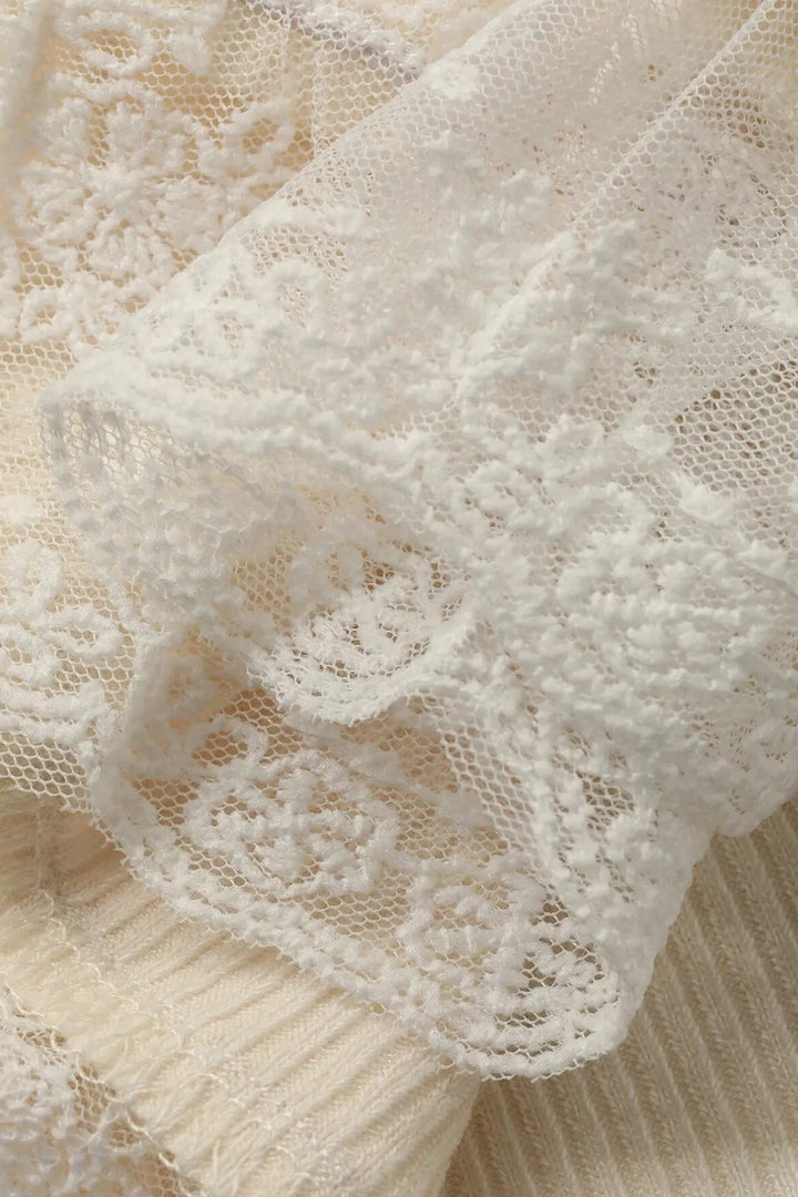 Chic Beige Ribbed Knit Sweet Lace Hem Vest