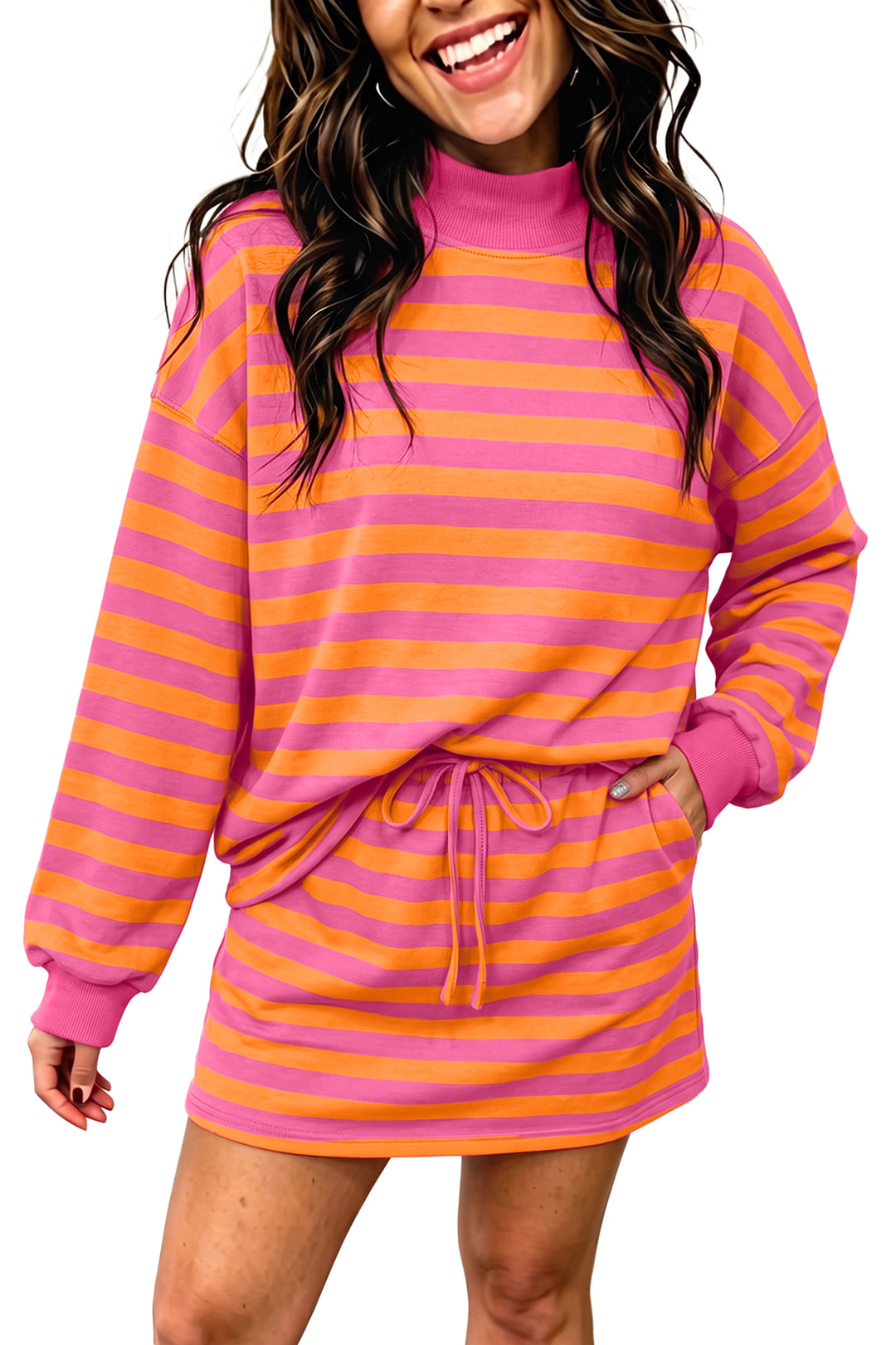 Orange Stripe Color Block Patchwork Mock Neck Pullover Drawstring Mini Skort Set
