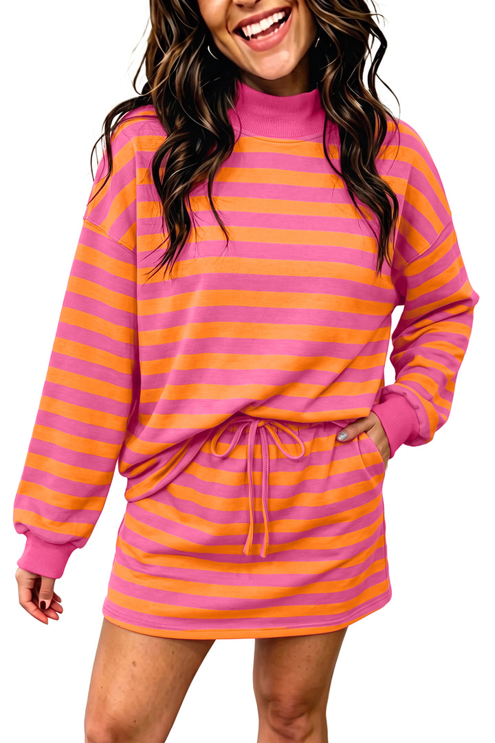 Orange Stripe Color Block Patchwork Mock Neck Pullover Drawstring Mini Skort Set