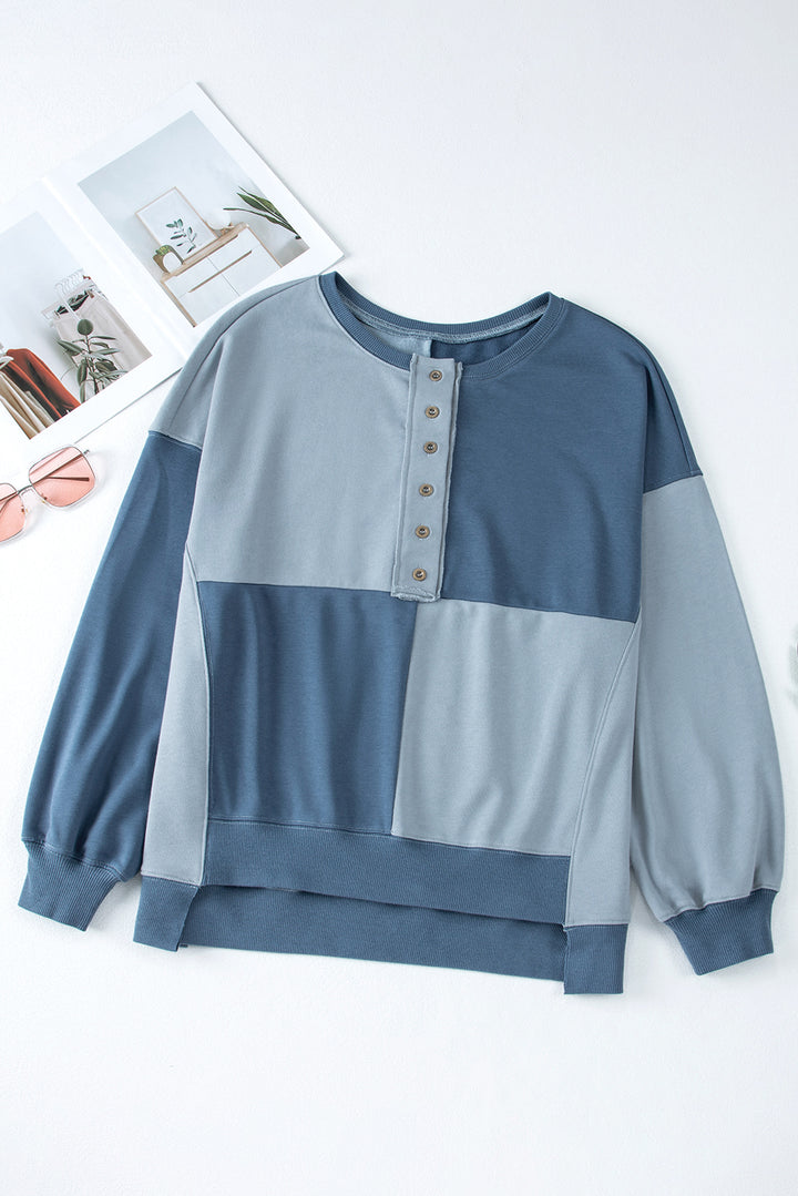 Colorblock Henley High Low Oversize Sweatshirt