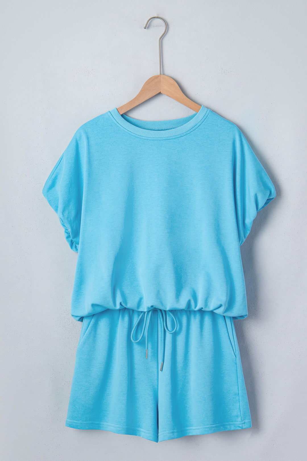 Light Blue Solid Color Puffy Loose Top Drawstring Shorts 2pcs Outfit