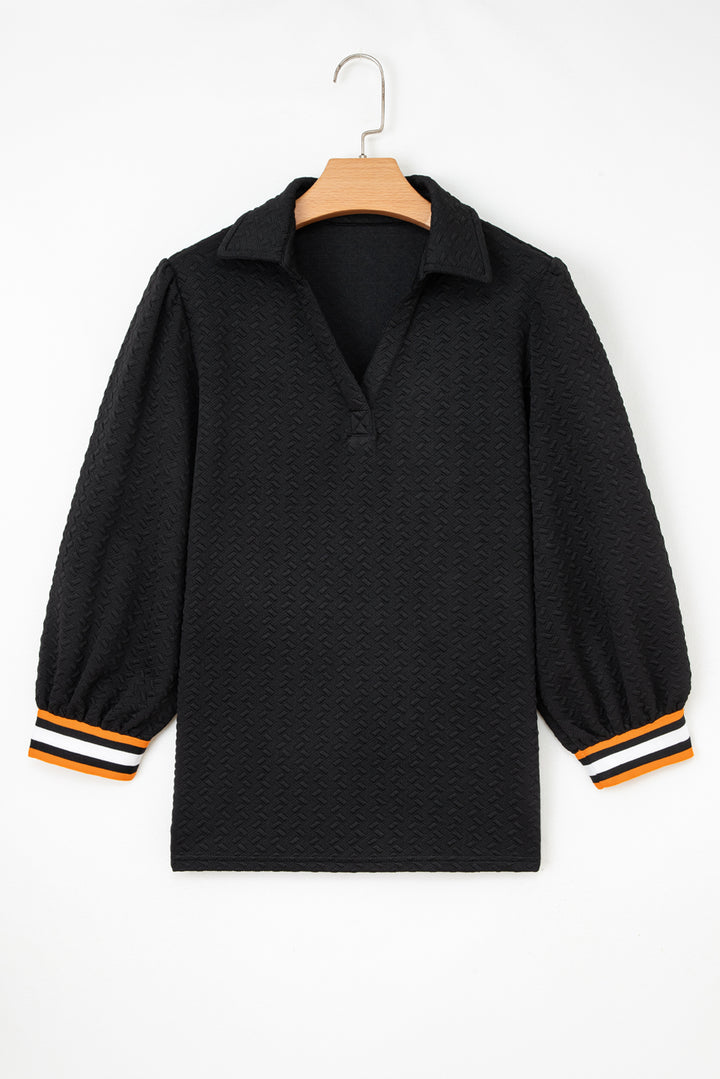 Black Stylish Textured Striped Patchwork Polo Collar Pullover Sweatshirt