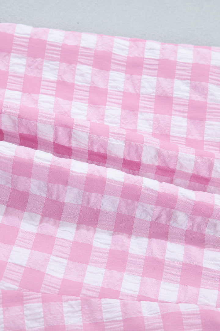 Pink Gingham Print Ruffle Striped Detail Lace Tie Shorts