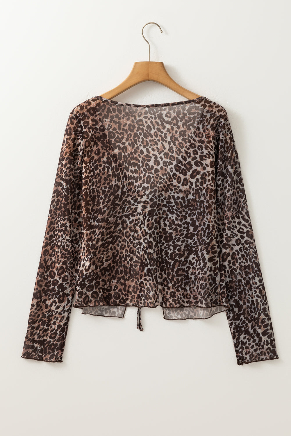 Leopard Sheer Mesh Long Sleeve V Neck Lace-up Blouse
