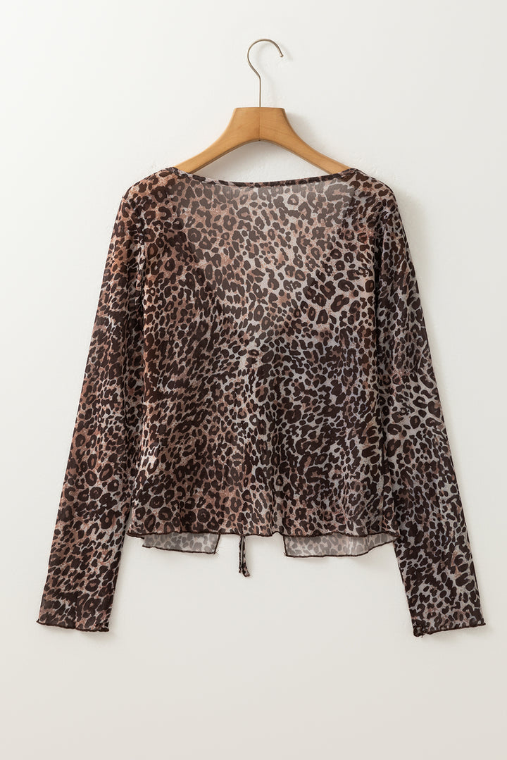 Leopard Sheer Mesh Long Sleeve V Neck Lace-up Blouse