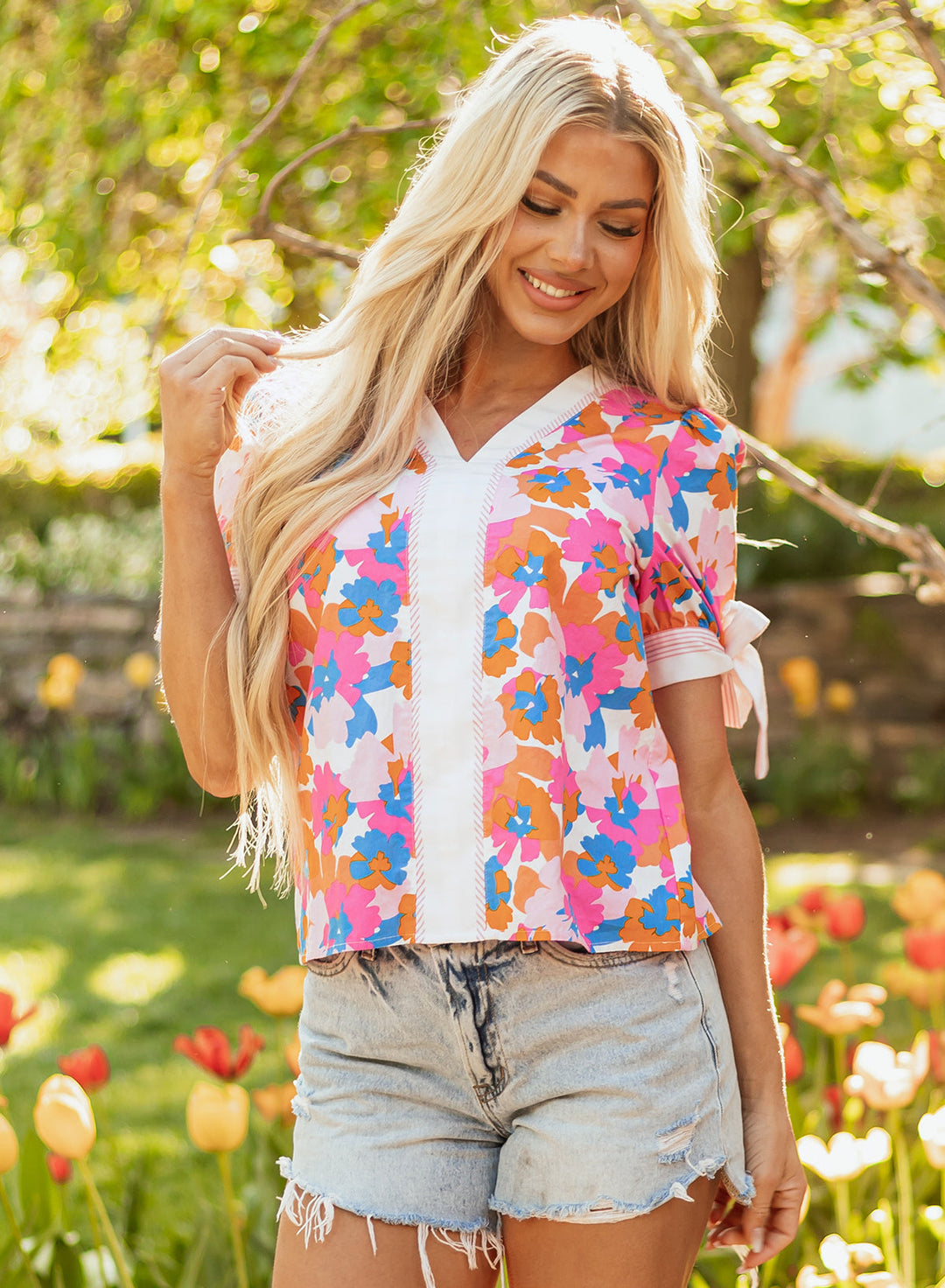 floral colorblock striped edge v neck knotted short sleeve blouse