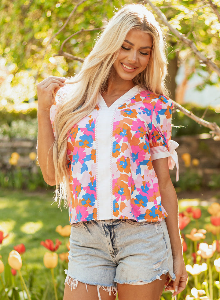 floral colorblock striped edge v neck knotted short sleeve blouse