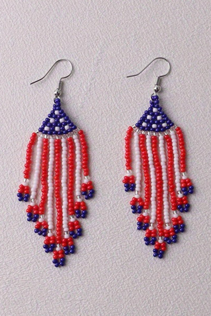 American Flag Beaded Fringed Hook Earrings
