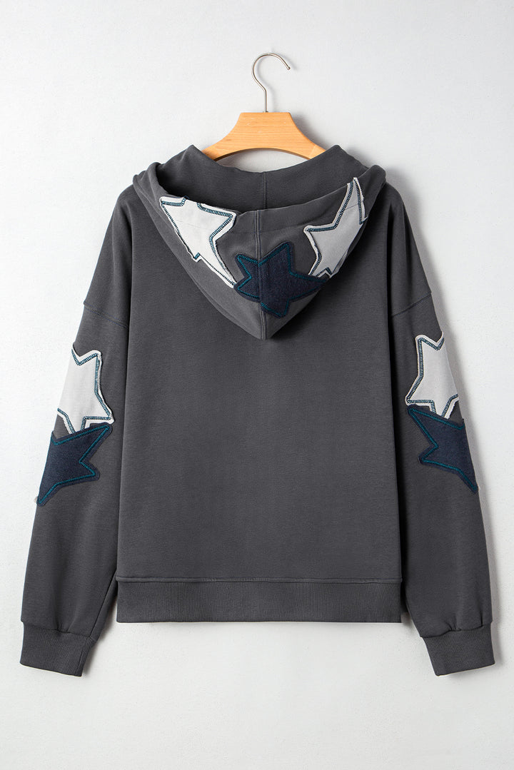 Star Patchwork Contrast Stitching Mineral Wash Kangaroo Pocket Vintage Hoodie