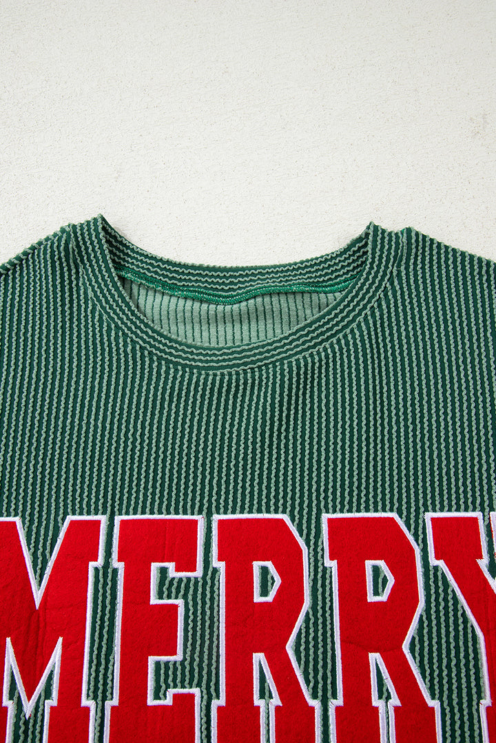 Evergreen Twisted Rib Outlined Merry Letter Graphic Loose Long Sleeve Top