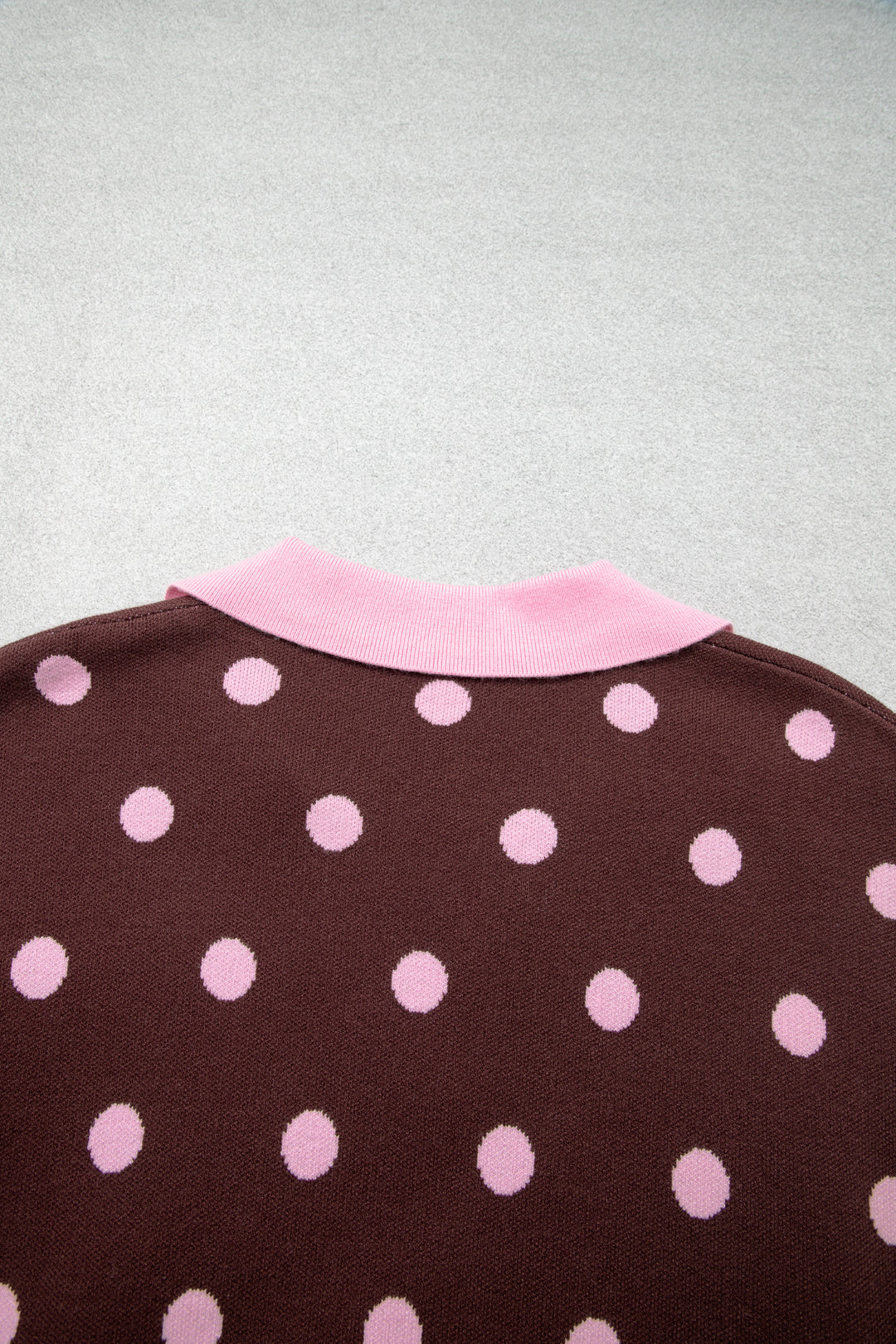 Pink Polka Dot Pattern Color Block Collared Loose Pullover Sweater