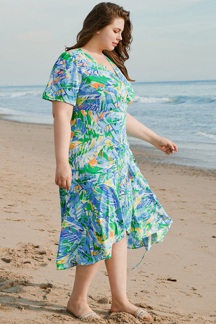 Leaves Print Short Sleeve Surplice Neck Ruffled Trim Plus Size Maxi Dress