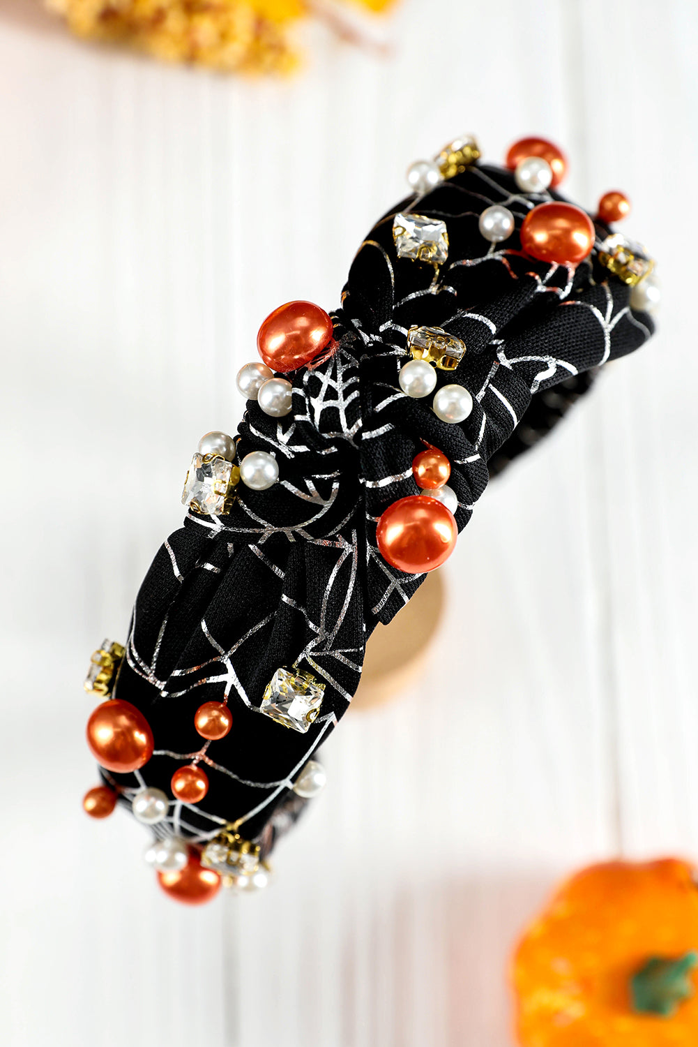 Pearled Rhinestone Knotted Spiderweb Halloween Headband