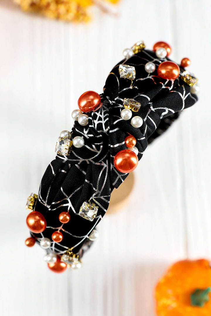 Pearled Rhinestone Knotted Spiderweb Halloween Headband