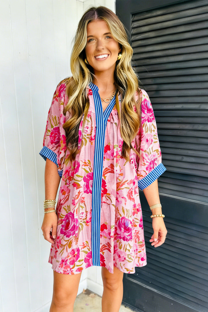 Multicolour Floral Striped Half Sleeve Mini Dress